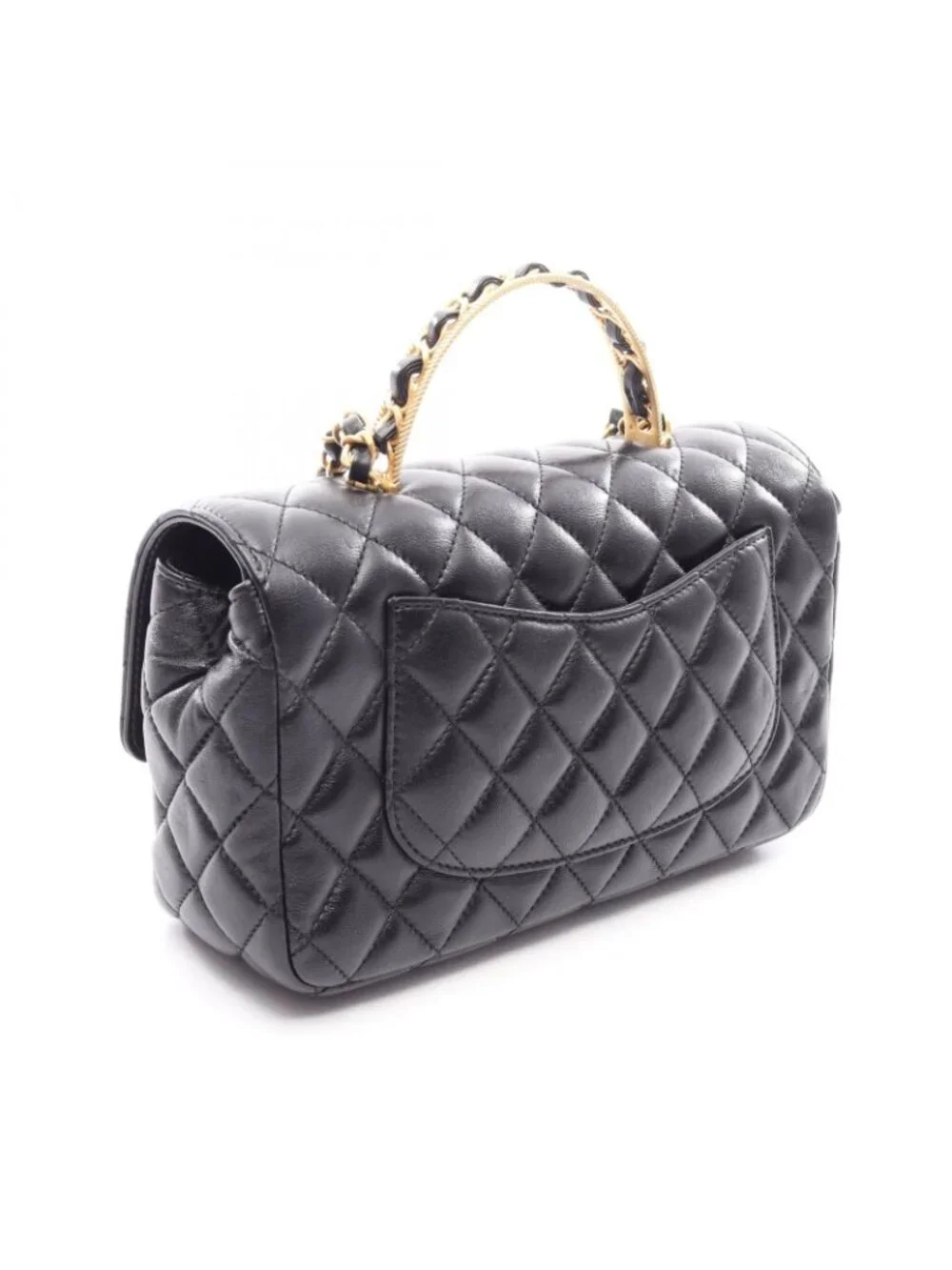 Chanel Shoulder Bag Quilted Top Handle 2-Way Black Lambskin Chain